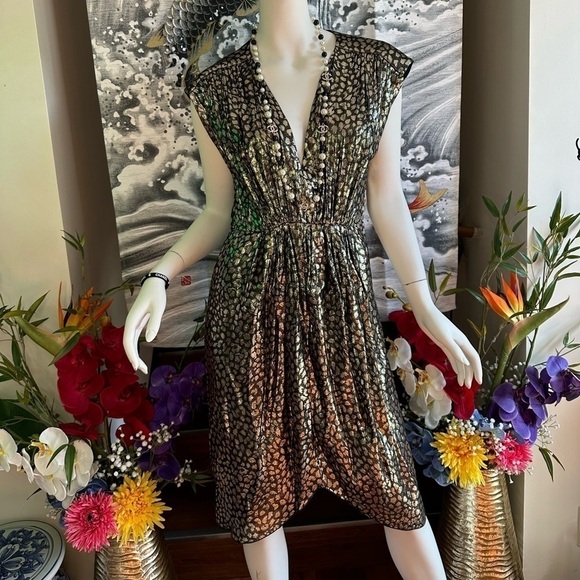 Masscob LA CORUNA BLACK & METALLIC GOLD V-NECK SHORT SLEEVE DRESS LARGE - Picture 3 of 11